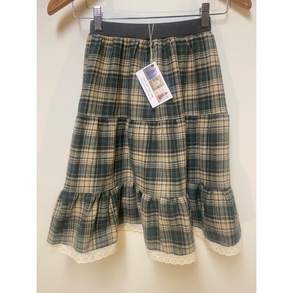 Girls Flannel Mom and Pops Kids Midi Skirt Size 6 Green Plaid Upcycled Peasant